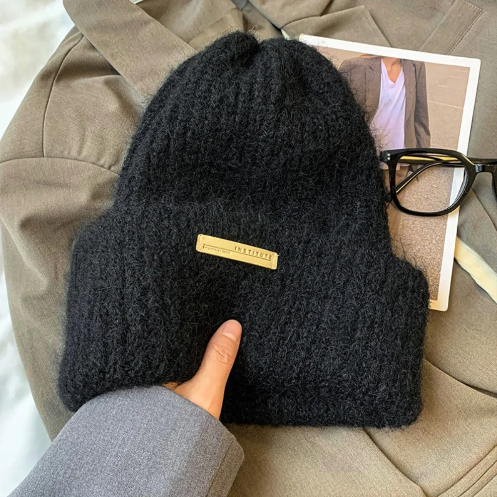 

Letter Korean Style Chic Knitted Hat Warm Breathable Beanies Hat Thickened Trendy Pullover Hat Autumn/Winter
