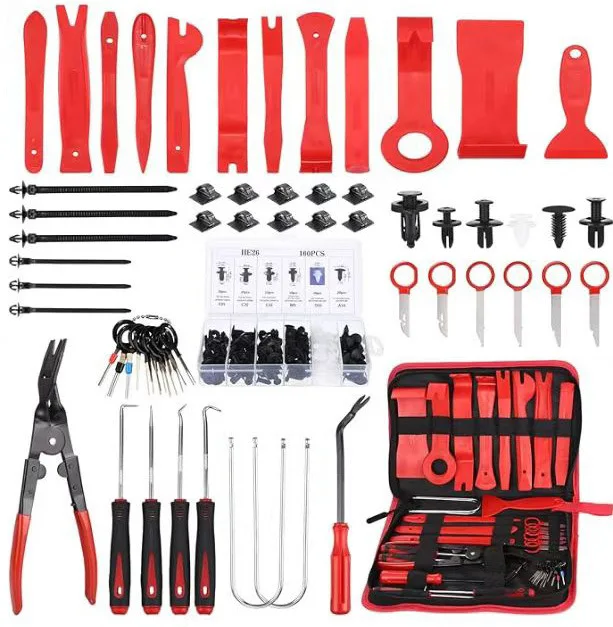 

Automotive plastic parts disassembly and assembly tool set is used for audio interiors, bumpers, dashboards, buckles, etc.