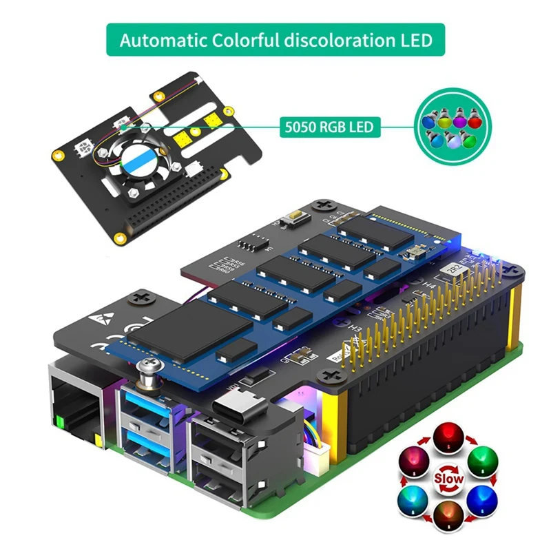 3 em 1 combo m.2 nvme para adaptador pcie com ventilador refrigerador e led de descoloração automática para raspberry pi 5 durável