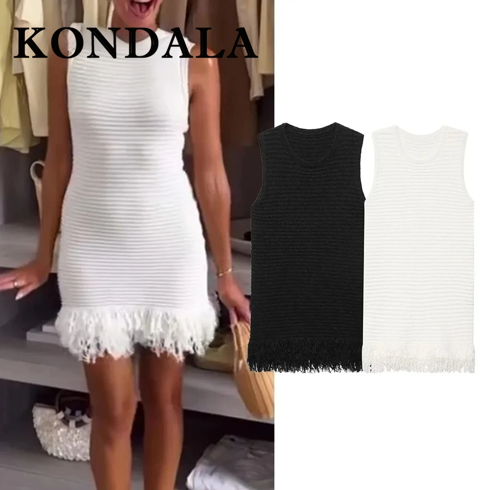 

KONDALA Chic Solid 2025 Woman Dresses Tassel Sleeveless Mini Knit Dress Night Party O-Neck Elegant Fashion Female Sheath Vestido