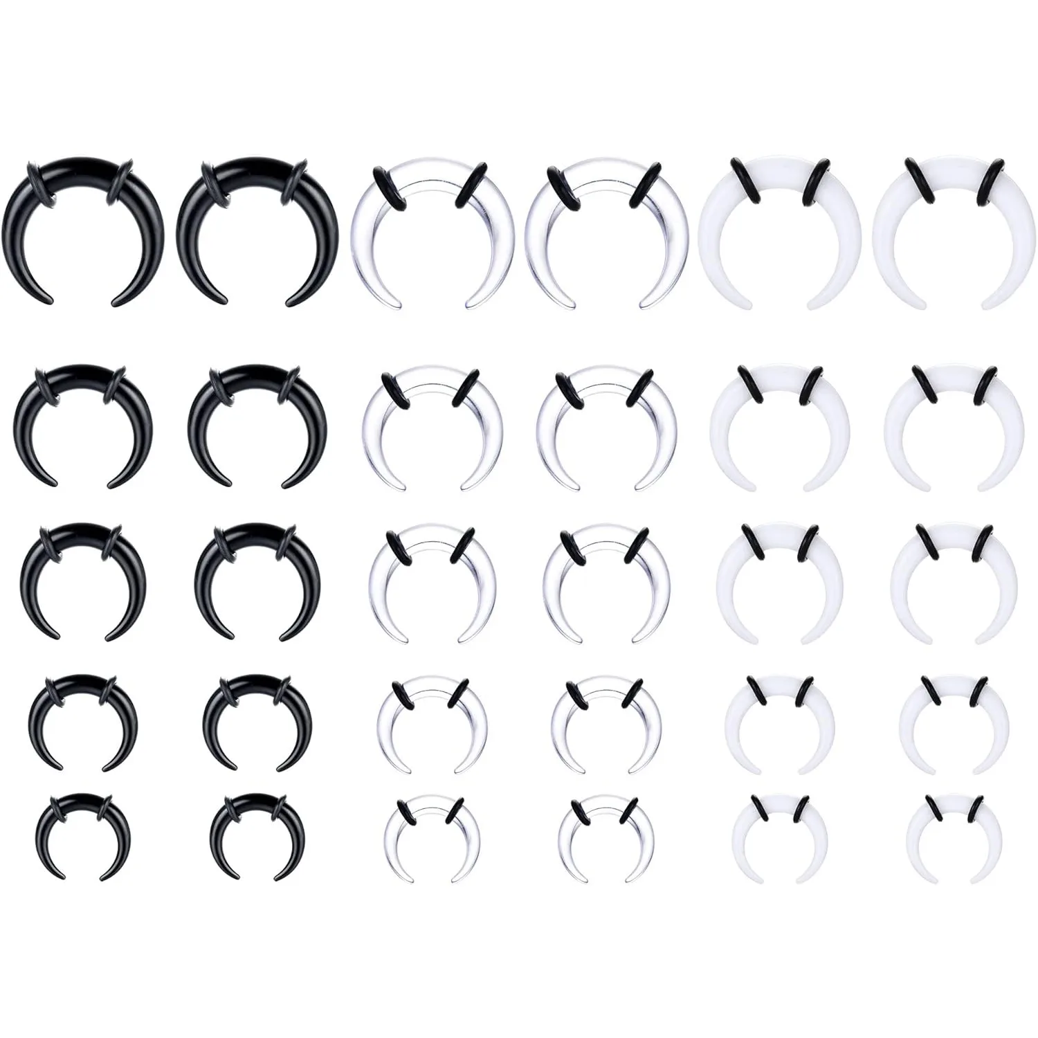 30Pcs 14G-6G Acrylic Septum Stretcher Kit Pincher Tapers Septum Ring C Shape Expander with Black O-Rings for Stretching Pierced