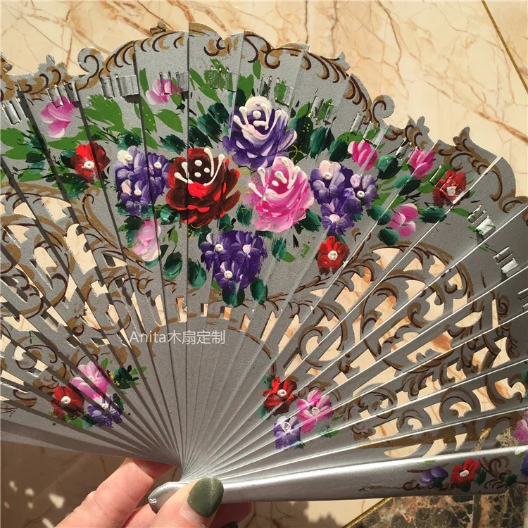 Spanish Style Wooden Fan Custom Dance Fan Portable Tool Hand Painted Outdoor Wedding Favours