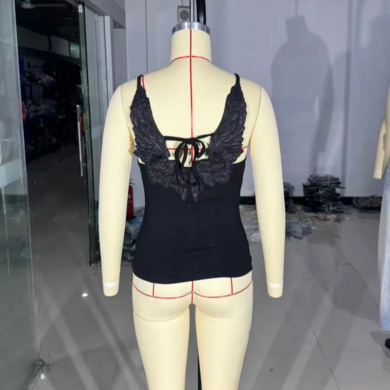 Women Y2K Gothic Backless Short Vest 3D Embossed Angel Wings Embroidery Spaghetti Strap Sexy Slim Summer Cami Top
