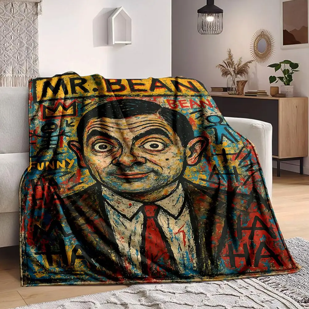 1pc Mr. Bean Art Flannel Throw Blanket HD Printed Lightweight Soft Warm All Season Blanket for Travel, Camping Machine Washable