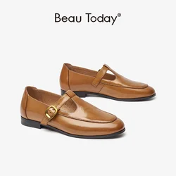 BeauToday Leather Flats Women Genuine Calfskin Mary Janes Round Toe Buckle Strap Spring Ladies Casual Shoes Handmade 28279