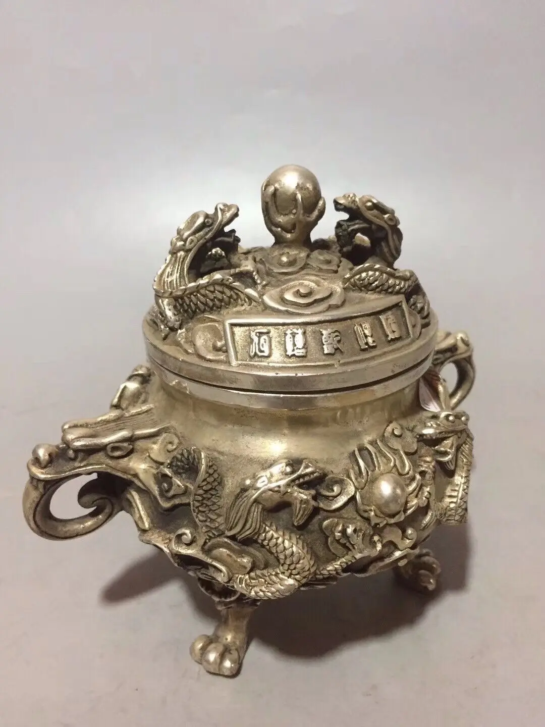 Chinese White copper hand-made double Dragon incense burner