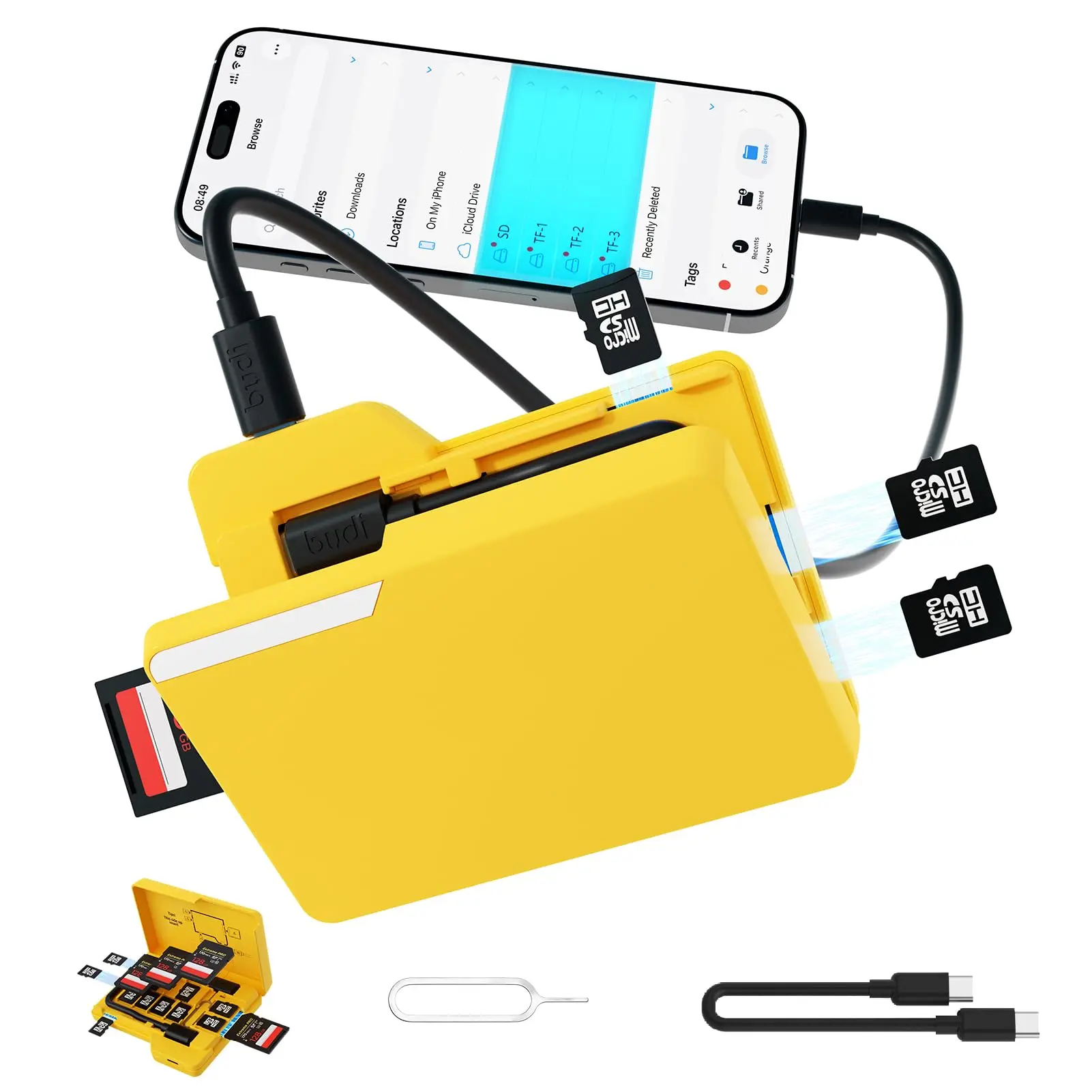BUDI SD Memory Card Reader 4 Cards Simultaneously Read and Write with 15 Slots Folder-Styled Storage Case Type-C Compatible