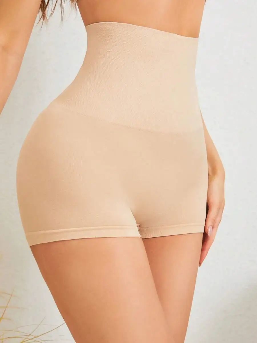Women's High Waist Knitted Fabric Apricot Plain Semi Sheer Shapewear Shorts Comfortable Stretch Underwear view 4