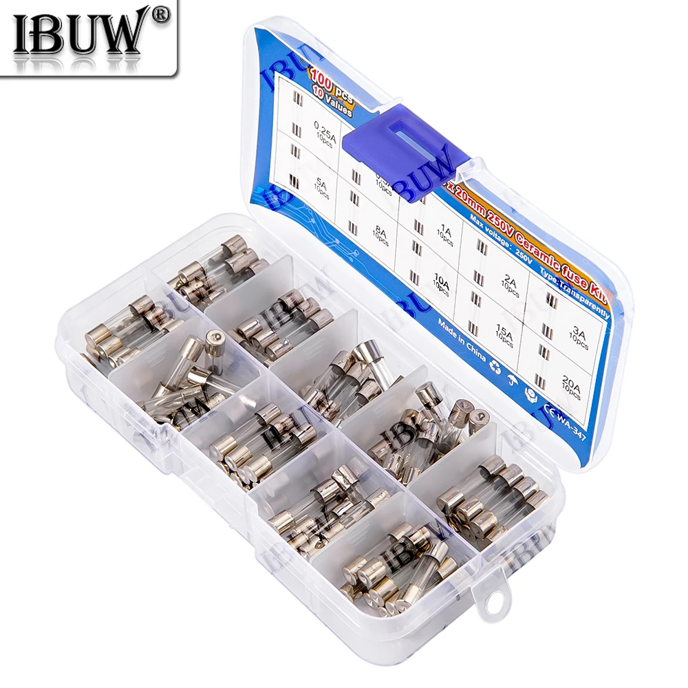 100pcs 5x20mm Quick Blow Glass Tube Fuse Assorted Kit Amp 0.25A 0.5A 1A 2A 3A 5A 8A 10A 15A 20A 250V with Storage Box