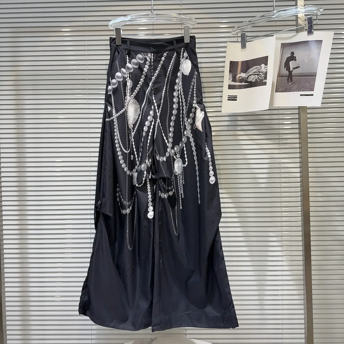 IMU Women Punk Gothic Cool Girls Low Waist Pearls Chains Printing Wide Leg Trousers Hot Thin Black Cargo Pant Capris