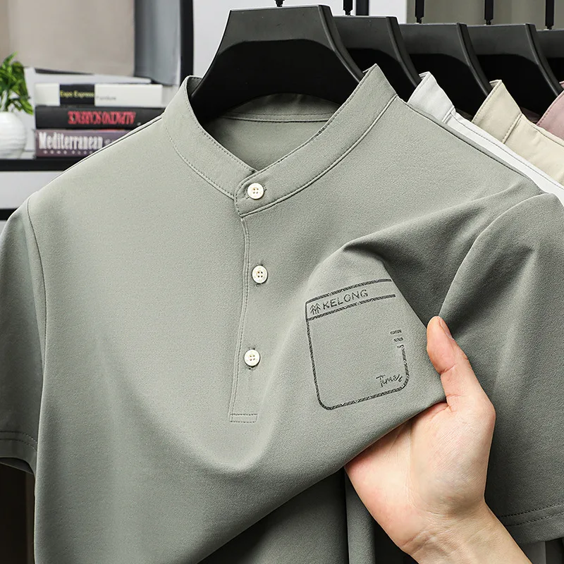 Summer Short Sleeved Polo Shirt Men's Solid Color Stand Up Collar Casual T-shirt Men's Middle-aged Loose Breathable Top