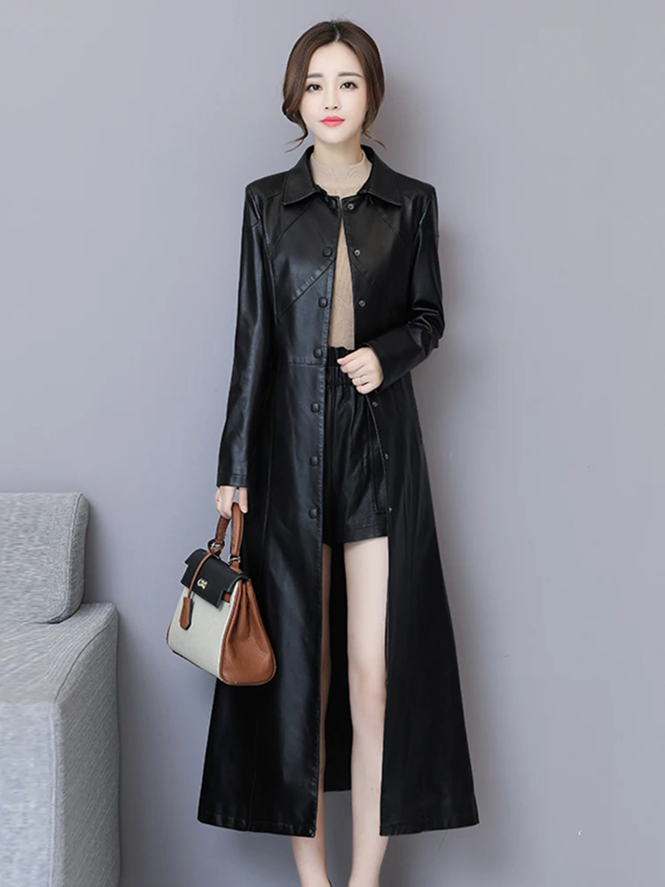 2025 Spring New Sle Women's Long Over-Knee eepskin Leather Jaet Slim Fit Korean Version Coat Trendy Commute Windbreaker