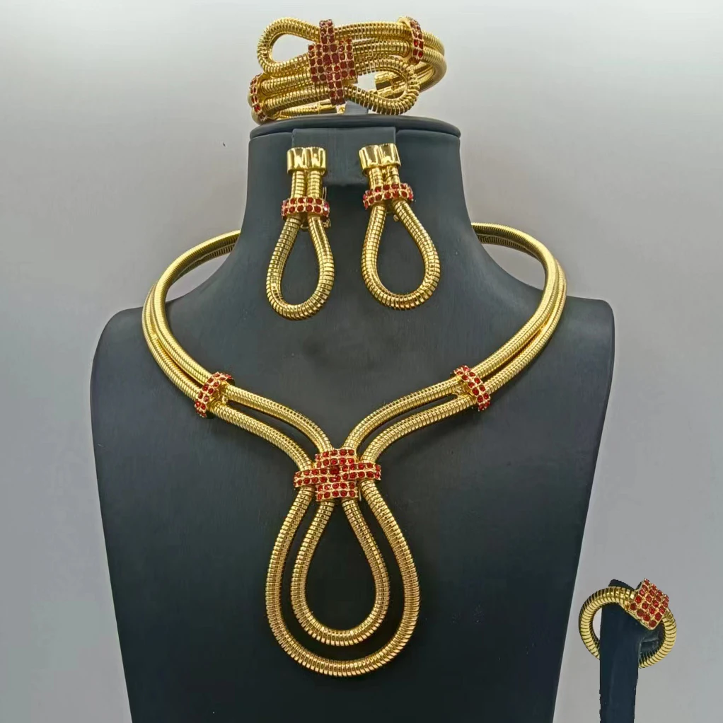 Dubai African Snake Chain Crystal Jewelry Set 4Pcs Nigerian Bridal Knot Necklace Earrings Bracelet Ring Wedding Party Jewellery