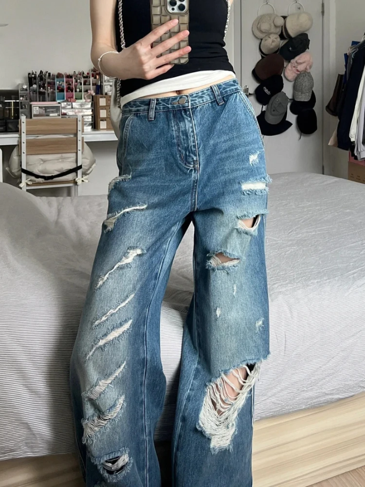 Jeans wanita gaya Amerika musim panas desain lubang Vintage Streetwear pinggang tinggi harian sederhana Do Old Tender lurus longgar