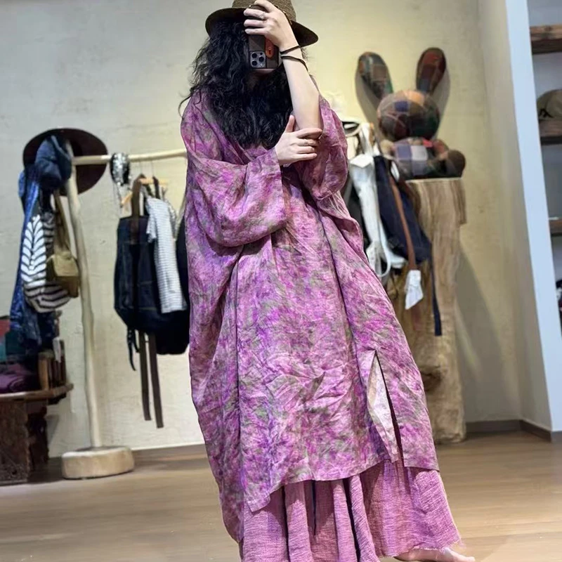 

Spring Summer Arts Style Women Batwing Sleeve O-neck Side Split Long Dress 100% Ramie Vintage Print A-line Dress Good Quality
