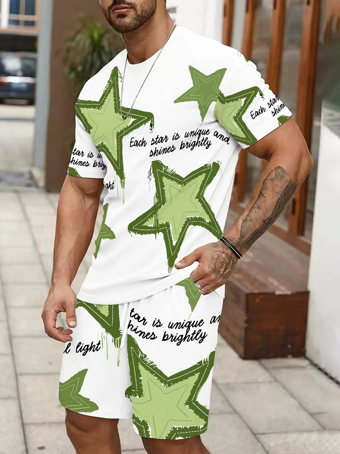 

2026 Summer New Men's Short-Sleeved Shorts Set with 3D Star Pattern Print - Street Casual Fashion Soft and Comfortable