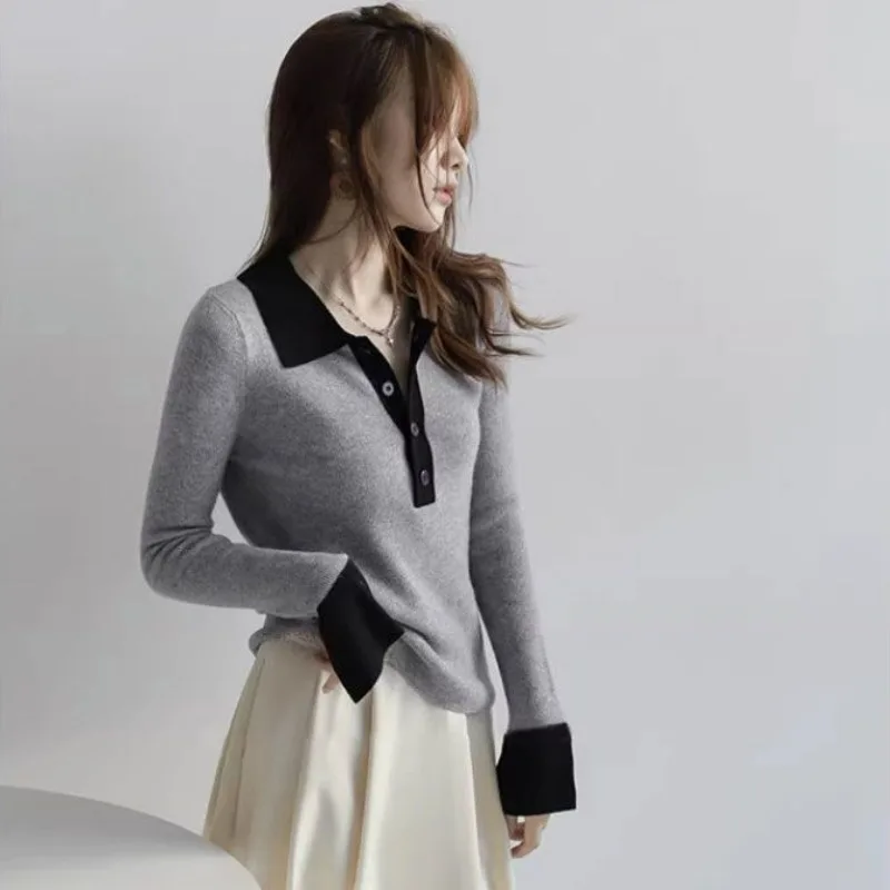 Long Sleeve Female Tee Knitted Button Women\'s Polo Shirts Contrasting Colors T-shirts Youthful Clothes Pretty Polyester on Offer