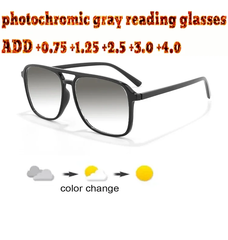 

Photochromic Gray Reading Glasses Double Bridge Large Size High Quality Fashion Men Women+1.0 +1.5 +1.75 +2.0 +2.5 +3 +3.5 +4