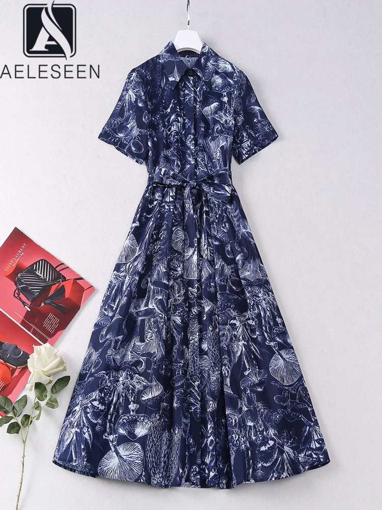 

AELESEEN Designer Fashion Summer Dress Women Turn-down Collar Printed Belt Single-breasted Elegant Office Ladies Midi