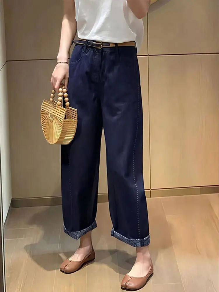 High Waist Cuffed High Waist Color Block Commuter Style Loose Slimming Nine Point Jeans Women's Summer New Style Elegant Stra...