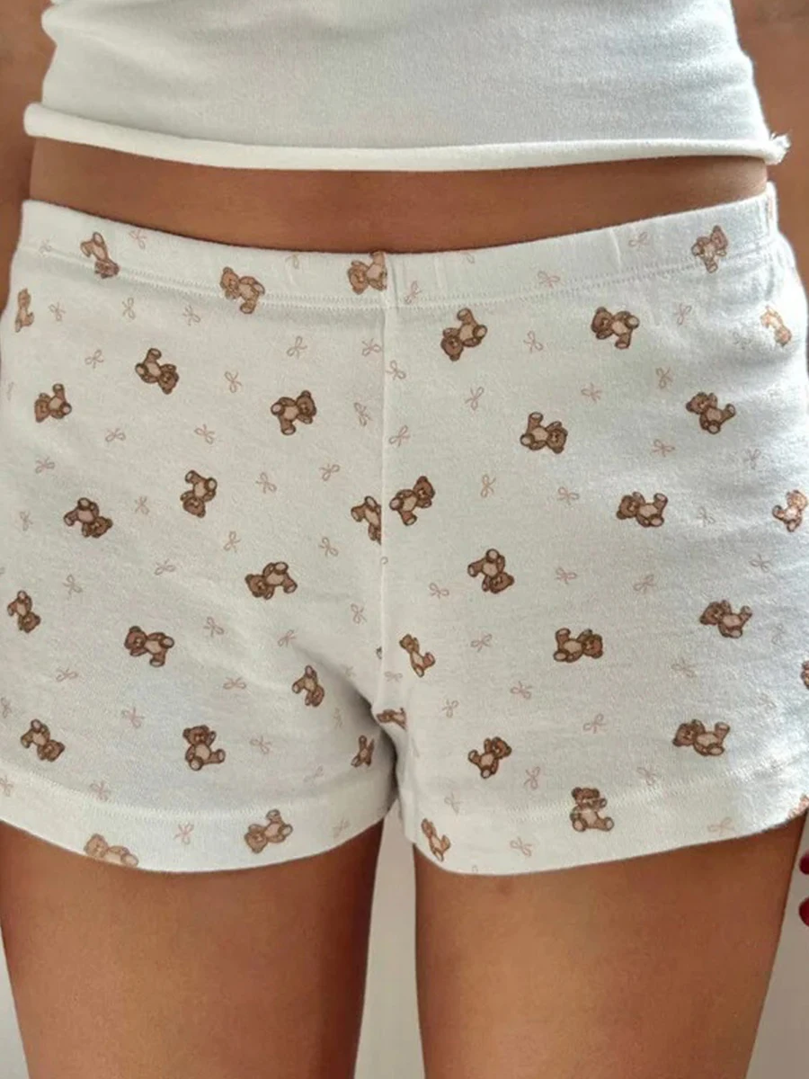 Women's Fashion Shorts Bear Print Elastic Waist Short Pants Summer Fashion Casual Shorts