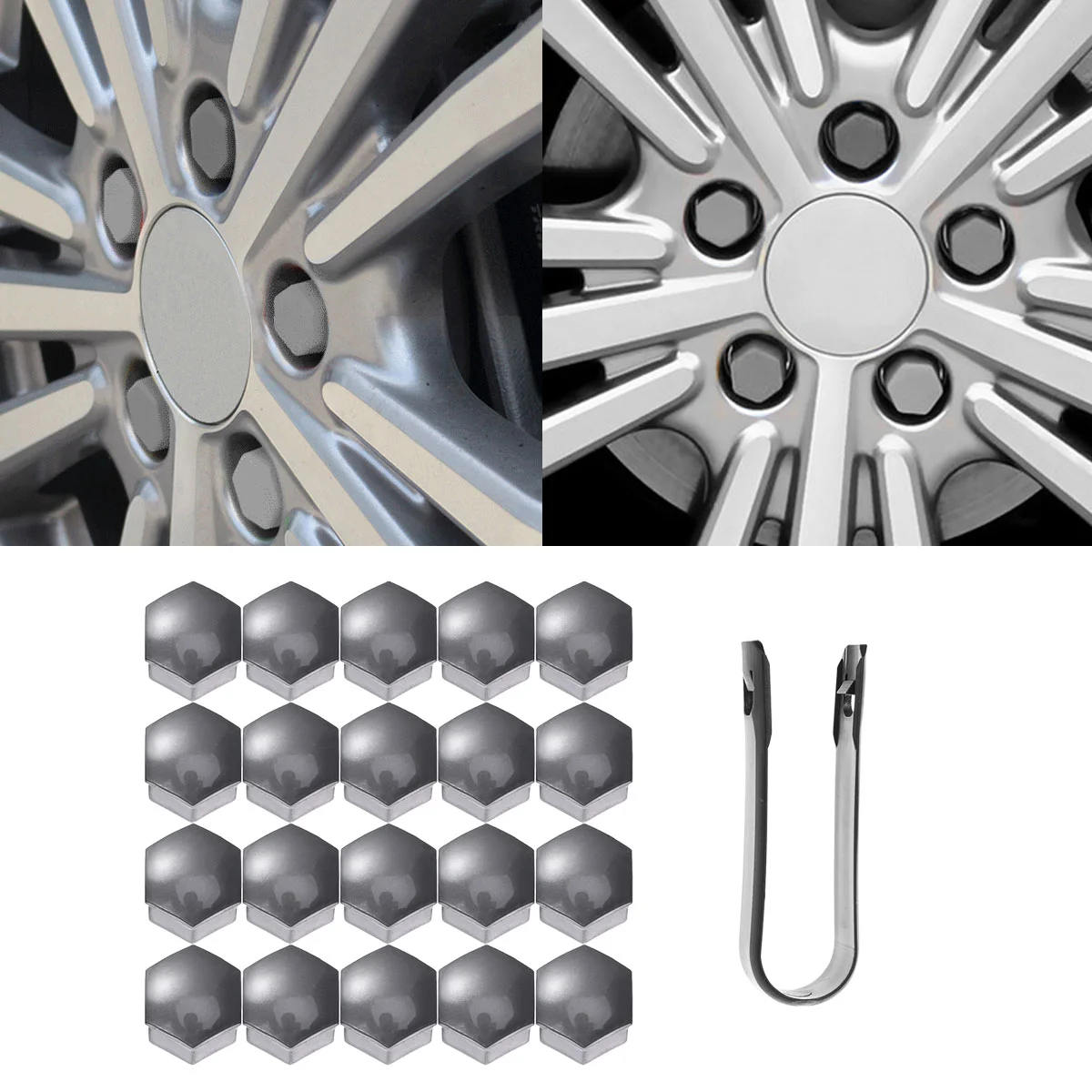 21 in 1 Hexagonal Wheel Nut Covers Bolts Screw Protect Caps 17mm with Clips (Grey) Lug Nut Covers for Car Wheel Decoration