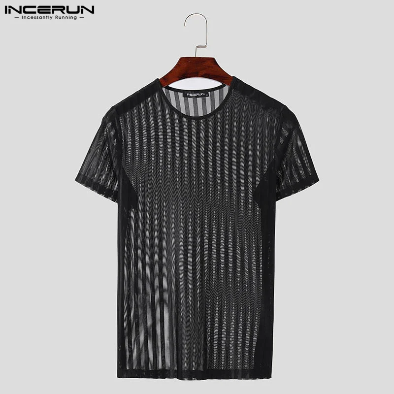 INCERUN Men T Shirt Striped Mesh Transparent O-neck Short Sleeve Men Clothing Streetwear 2024 Sexy Skinny Fashion Tee Tops S-5XL