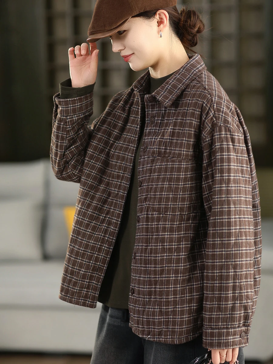 

Ретро-куртка из утолщенного хлопка, верхняя одежда из чистого хлопка в клетку, приталенное пальто с длинными рукавами для женщин, теплое, повседневное, модное.