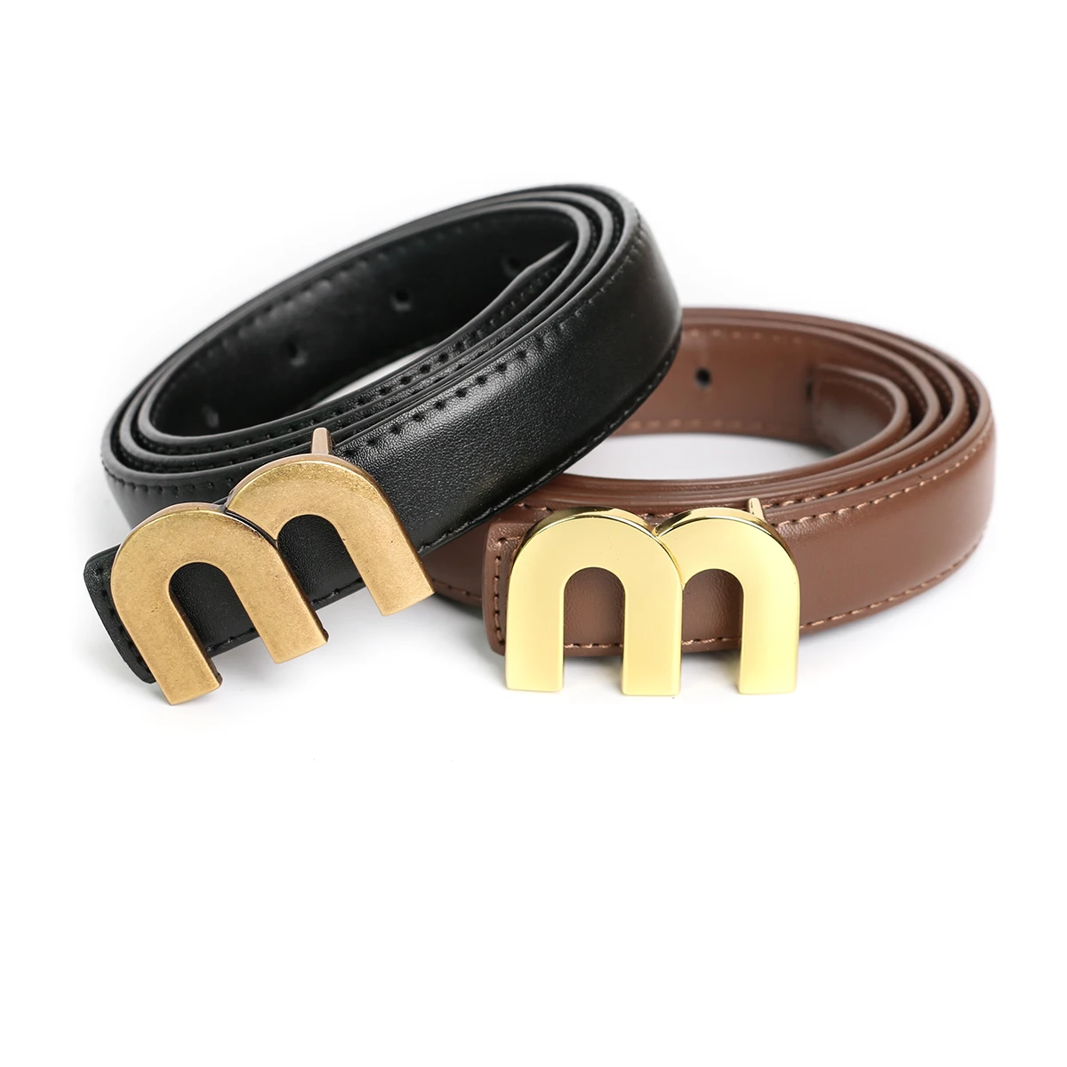 2pcs Narrow Fashion Soft Dress Waist Strap Belts for Jeans Alloy M Buckle Women High Quality Leather Belt 2.3cm Width Waistband