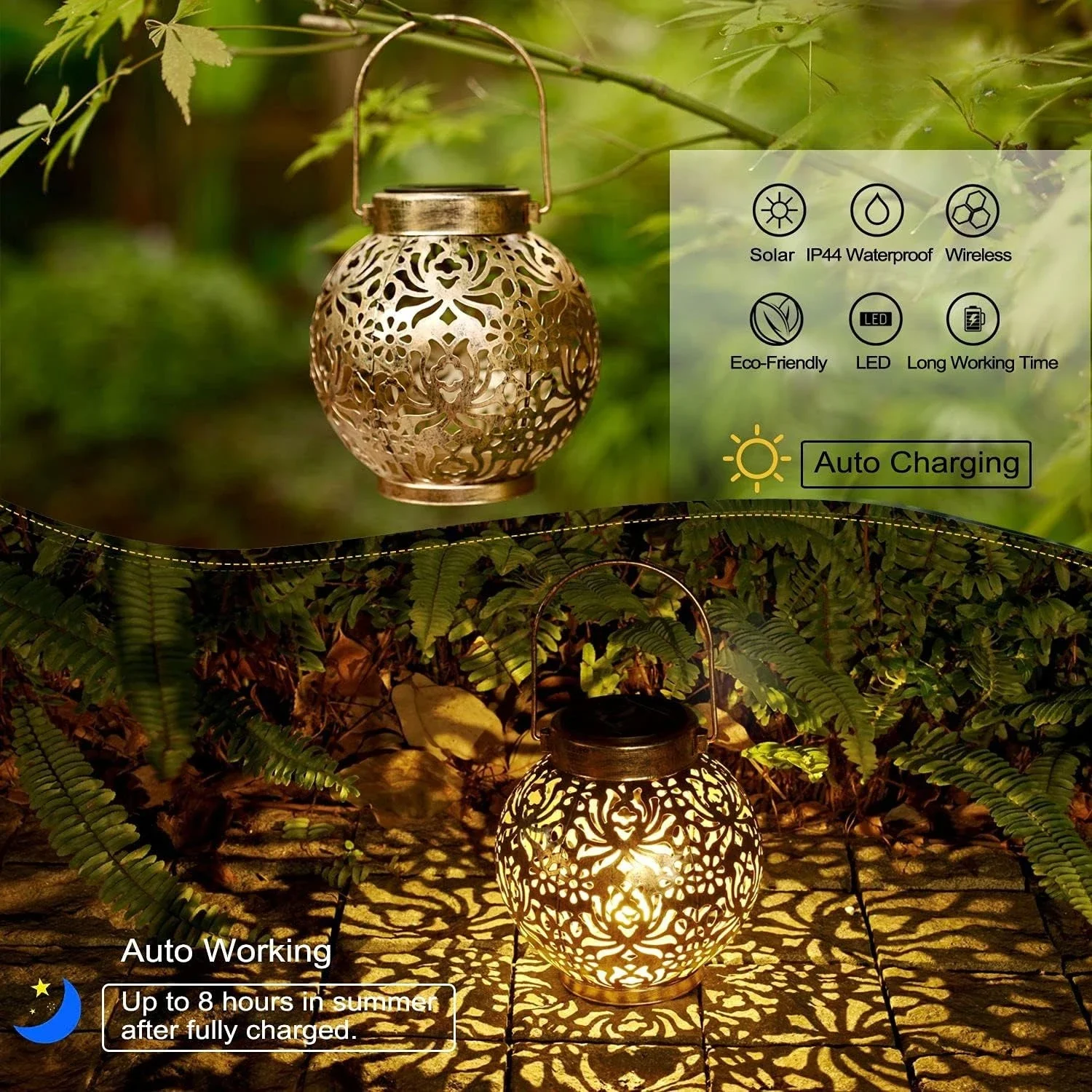 1-6PCS Moroccan Solar Lanterns Outdoor Waterproof Metal Hanging LED Lights for Patio Lawn Garden Porch Tabletop view 4