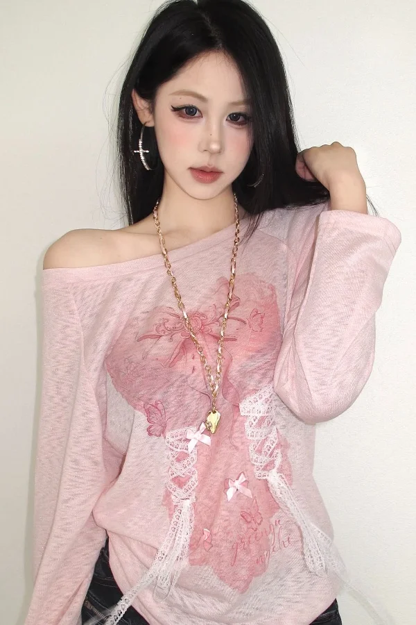 Lace Sloping Shoulder T-shirt Long Sleeved Women Summer Slimming Thin Style Off Shoulder Cover Shirt Top