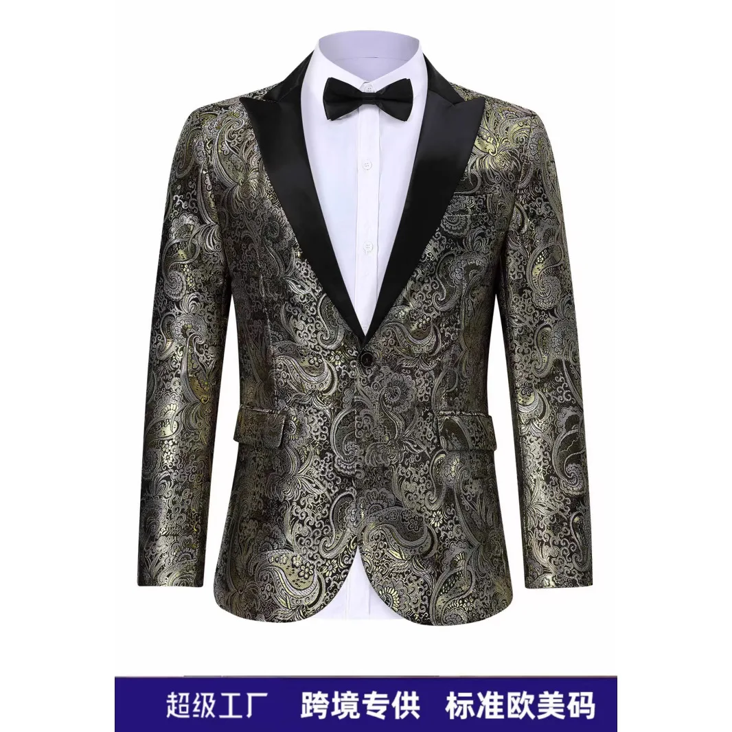 2025 Blazer de muesca de Cachemira con cola de milano y flores doradas para hombre, chaqueta de boda para baile de cena