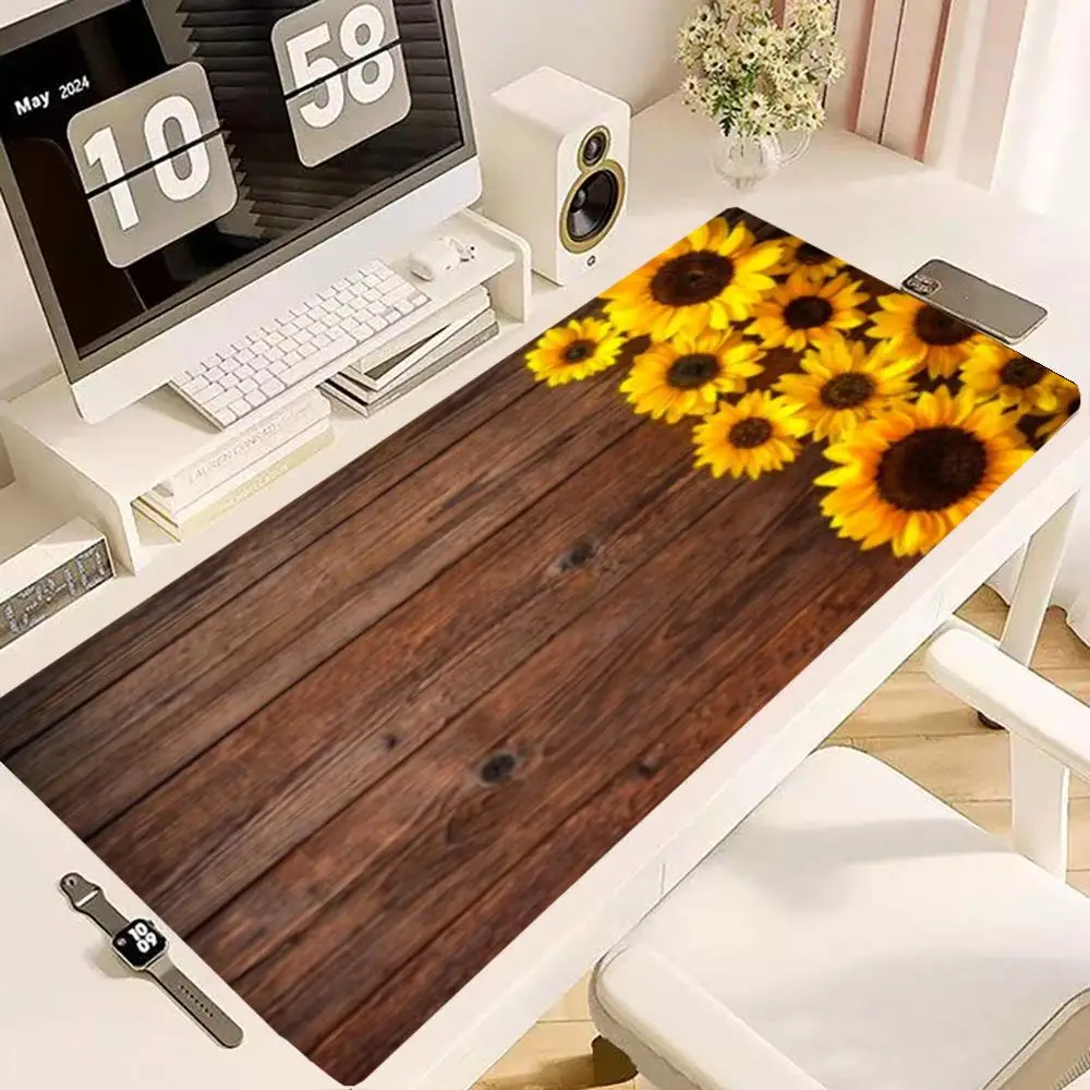 Wood Sunflower Table Mat Stitched Edges Smooth Glide Mouse Pad For Rustic Home Office Decor