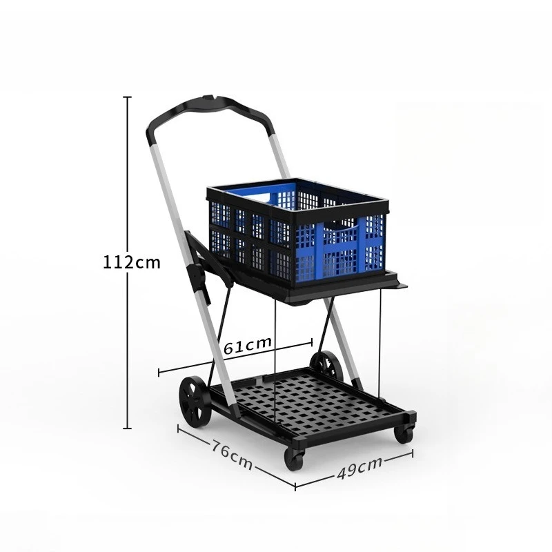 2026 Sturdy Four Wheels Shopping Cart Double Layers Plastic Folding Trolley Space-Saving Hand Cart
