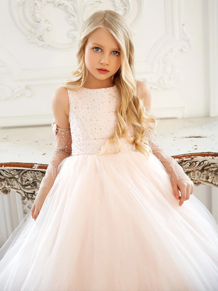 Lace Tulle Flower Girl Dress Bows Children's First Communion Ball Gown Princess Dress Wedding Pary Dres Little Bridesmaid Dresse