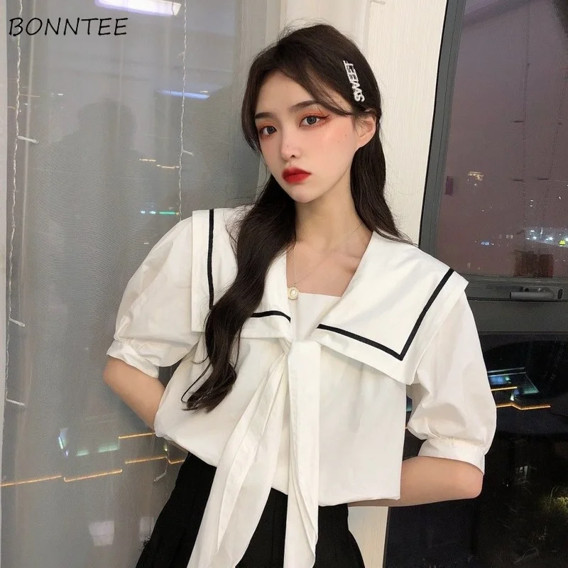 

Blouses Women Design College Short Puff Sleeves Elegant Casual Female Korean Style Loose Sailor Collar Summer Sweet Ladies Ins