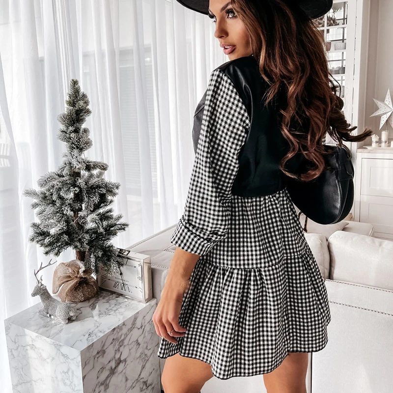 Damska codzienna sukienka koszulowa mini z długim rękawem, biała, wiosna 2025, patchwork ze skóry PU, sukienki damskie w kratę.