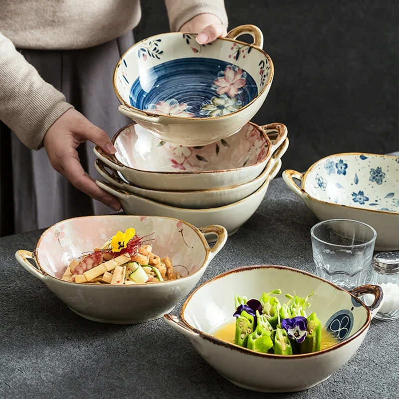 Double Handle Soup Bowl 7.25inch Japanese Style Ceramic Salad Bowl 650ml Large Household Noodle Bowl Microwave Tableware