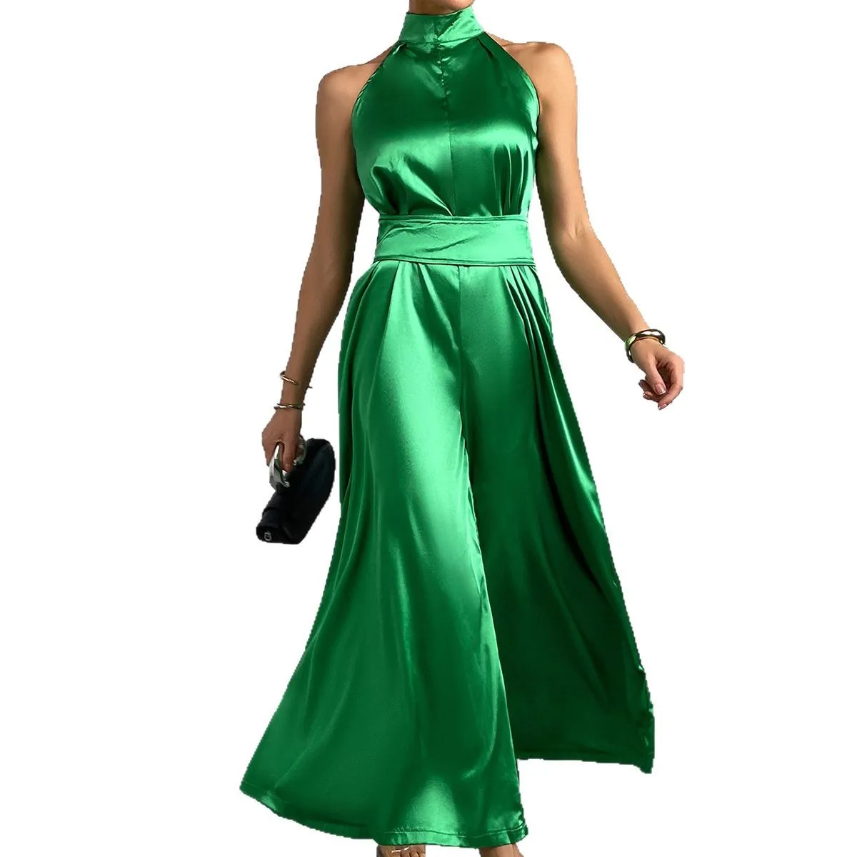Glossy Satin Women Rompers Elegant Solid Sleeveless Wide Leg Jumpsuits 2025 Summer New Fashion Workout Activewear One Piece