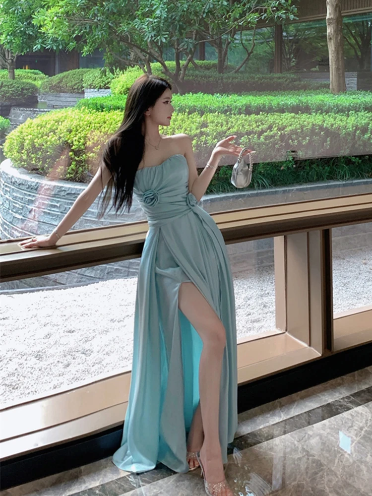 Elegant temperament green bandeau dress luxury birthday party long dress flower decoration high slit nightclub skirt fashion