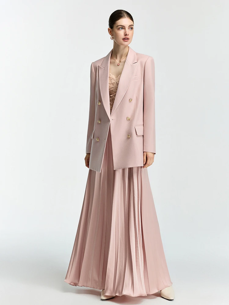 

Модный розовый костюм-двойка: юбка с высокой талией и плиссировкой, профессиональная офисная одежда, полиэстер, длинный рукав, на пуговицах