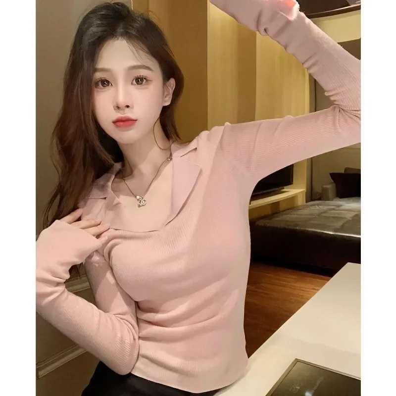 

Трикотажный Свитер Shpmishal с V-образным вырезом и длинными рукавами для женщин, осень 2024, новый стиль, соблазнительный дизайн, базовый пуловер, Топ