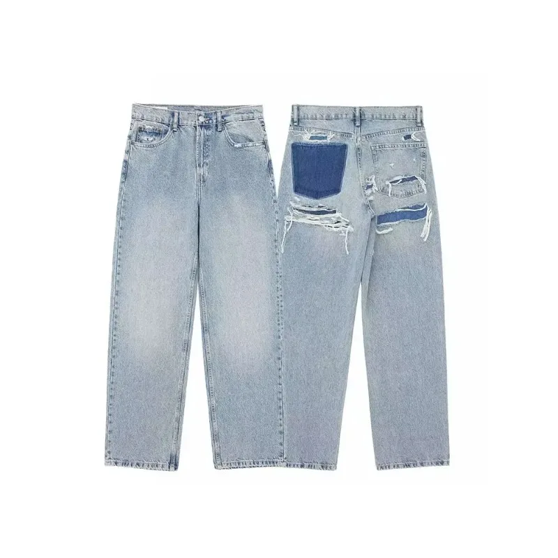 

Женские уличные модные джинсовые синие джинсы с рваными длинными брюками в стиле пэчворк с высокой талией и молнией в стиле ретро