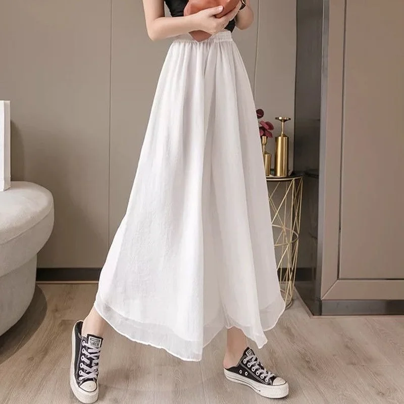 Casual Pants Women Elegant Elastic Waist Loose Chiffon Lightweight Summer Wide Leg Trouser Streetwear High Quality Female New