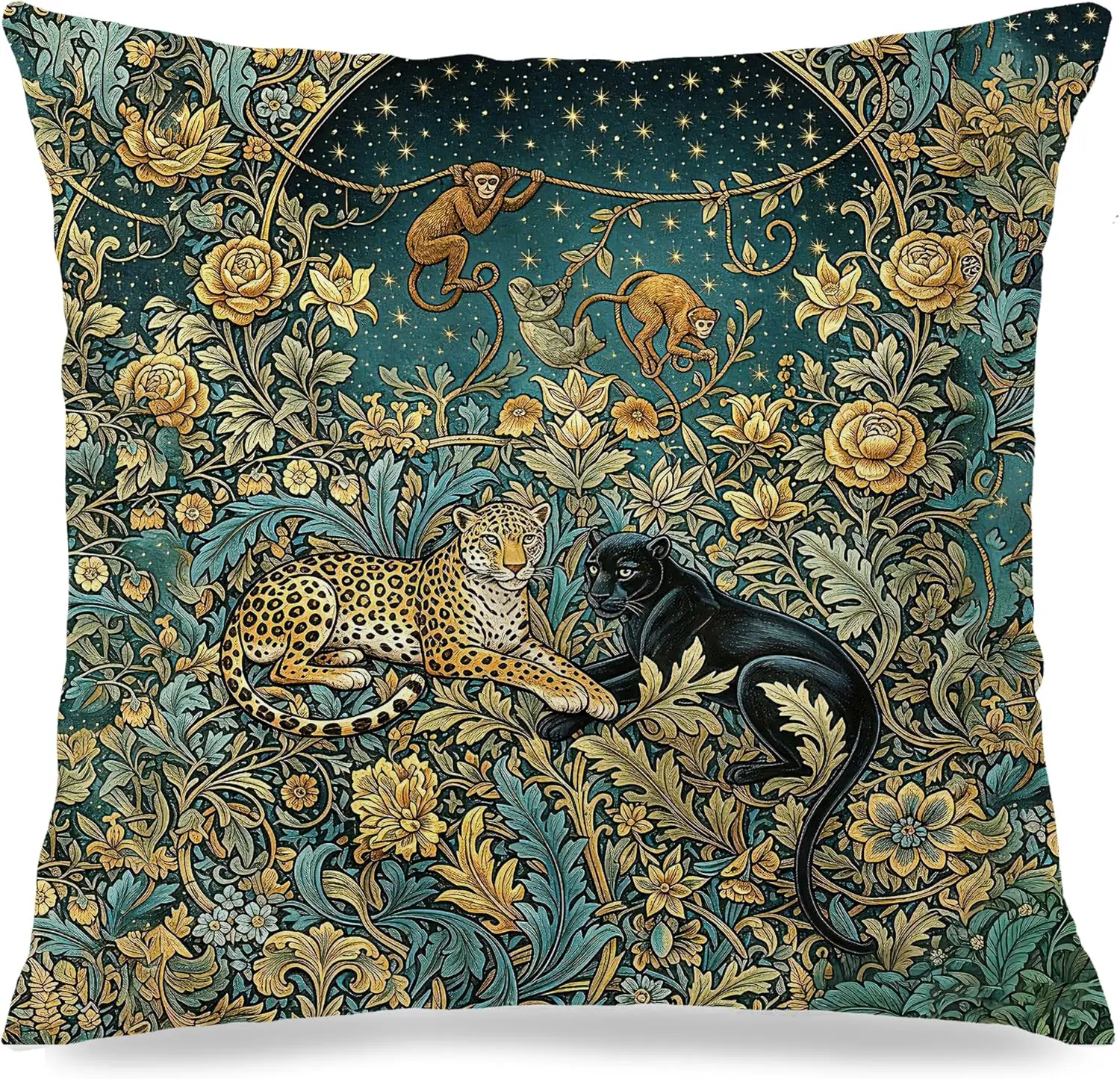 Elegant Vintage Safari Leopard Print Cushion Cover Throw Pillow Gold Jungle Botanical Illustration Decor 18x18 Inch