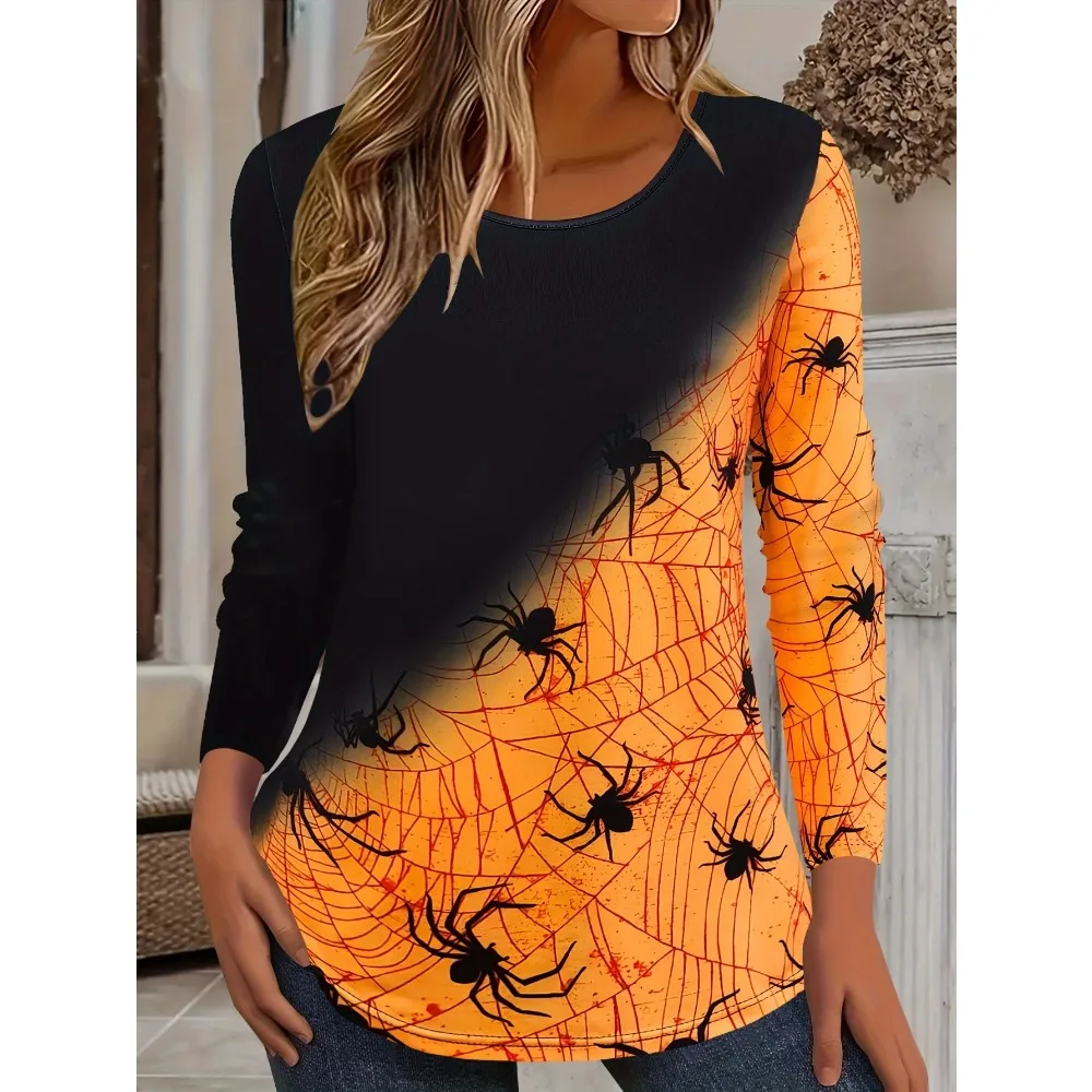 Halloween Women Sweatshirt Designer Round Neck Long Sleeve Loose Casual Autumn Gradient Spider Web Fun Pattern Print Y2K Tops