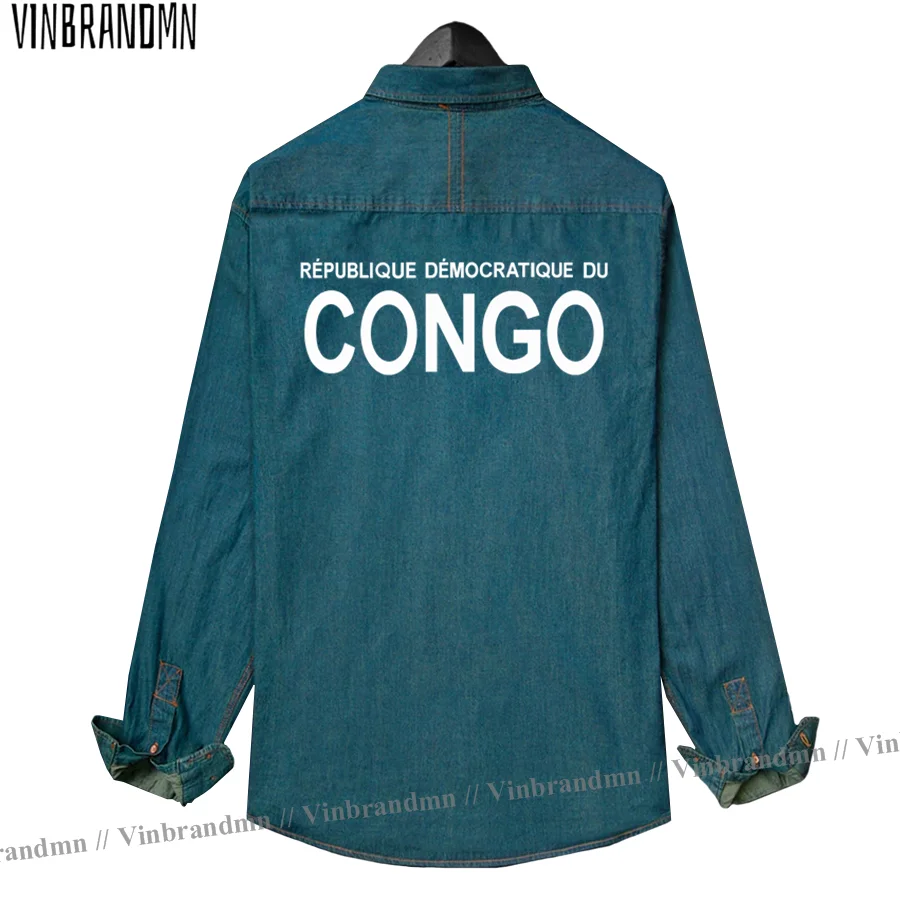 DR Congo COD DRC DROC Congo-Kinsha Congolese Men Clothes Autumn Cotton Flag Top Turn-down Jeans Shirt Long Sleeve Cowboy Coat