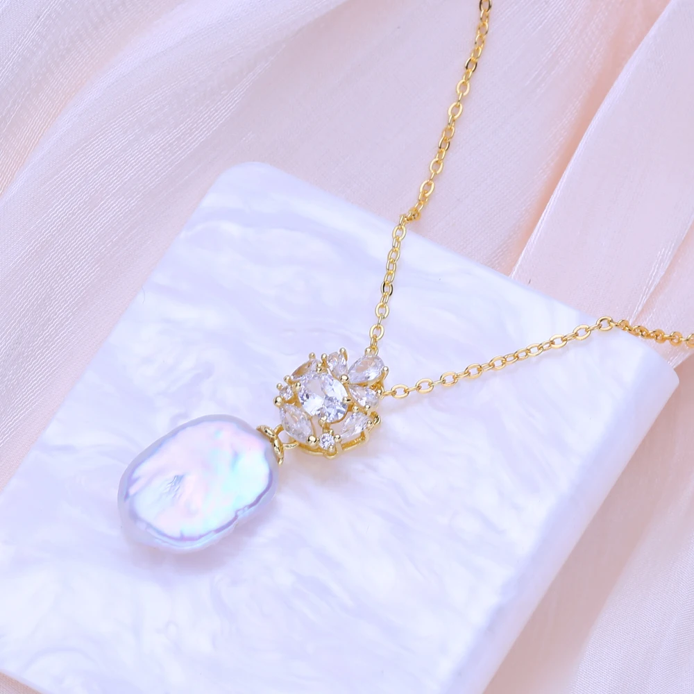 FENASY Natural Freshwater Big Baroque Pearl Necklaces Fashion Gold Color Flower Pendant Idea Gifts For Women