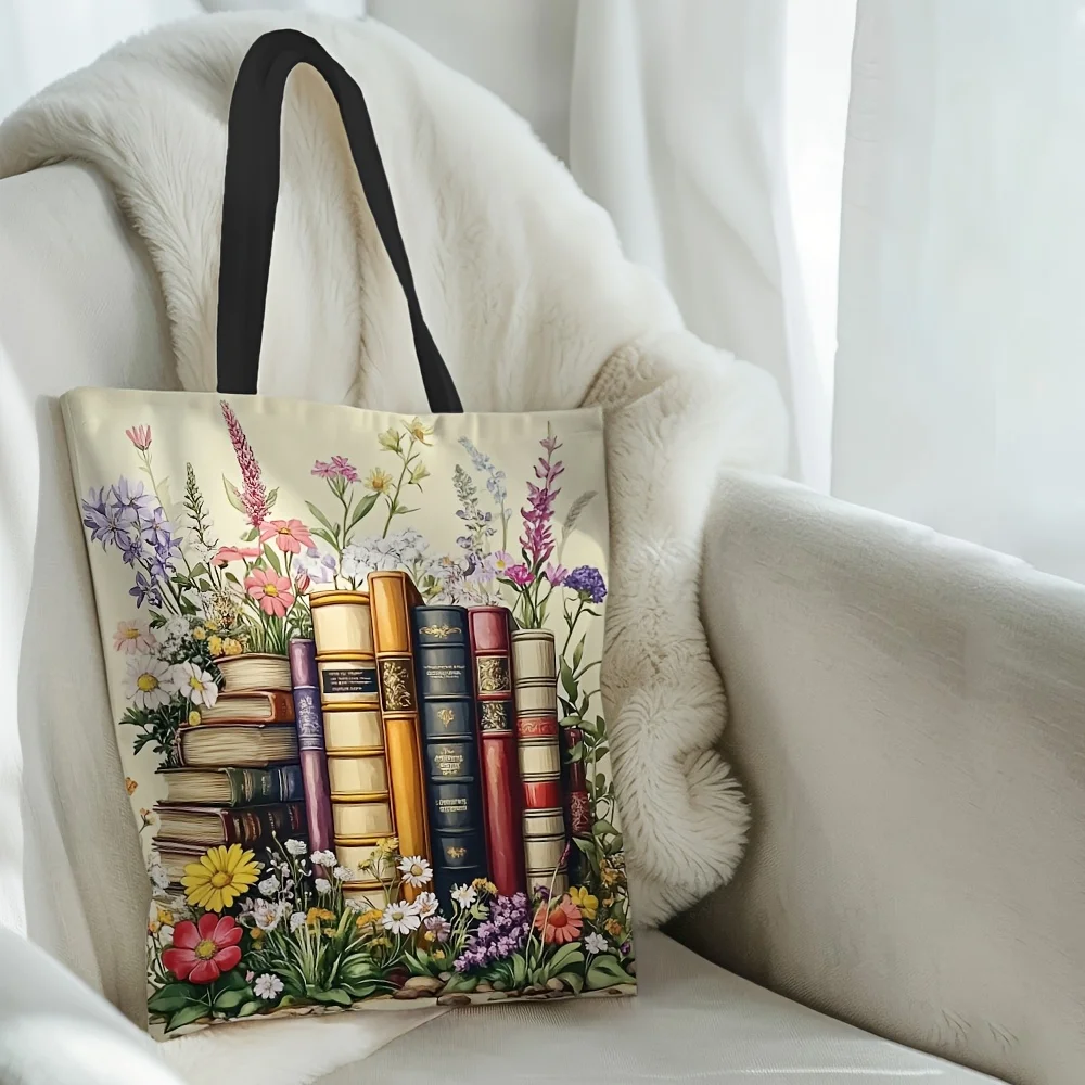 Floral & Books Tote | Durable Polyester | Lightweight, Roomy Shoulder Bag | Easter, Ramadan