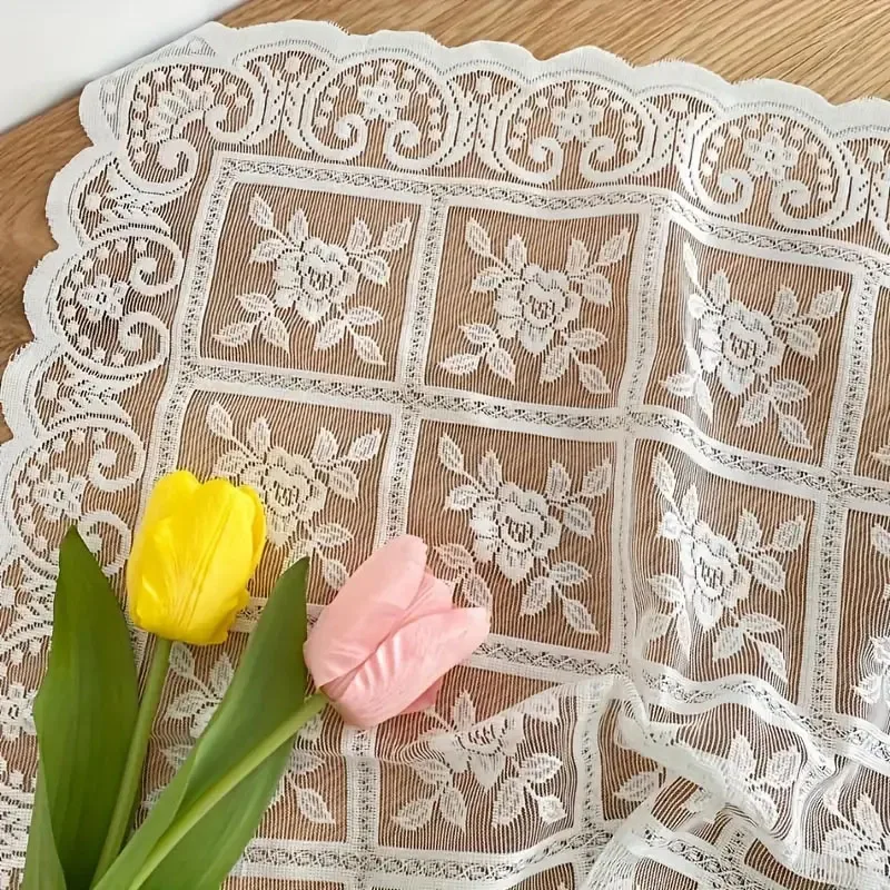 One Antique Embroidered Lace Tablecloth - Solid Color Elegant Flower Cut Process Polyester Square Tablecloth, 100% Polyester